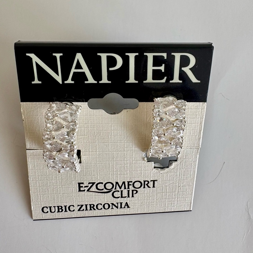 Vintage Brand New Napier Silver-Tone Cubic Zirconia Comfort Ear Clips